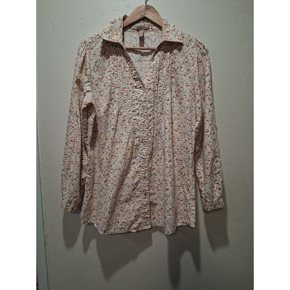 American Rag Cie Blouse Womens L Floral Ivory Roll Tab Sleeve Pin Tuck Prairie